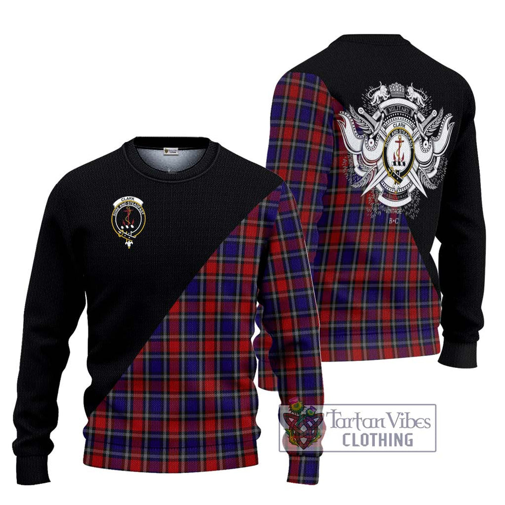 Clark Red Tartan Knitted Sweater with Family Crest and Military Logo Style Unisex - Tartanvibesclothing Shop