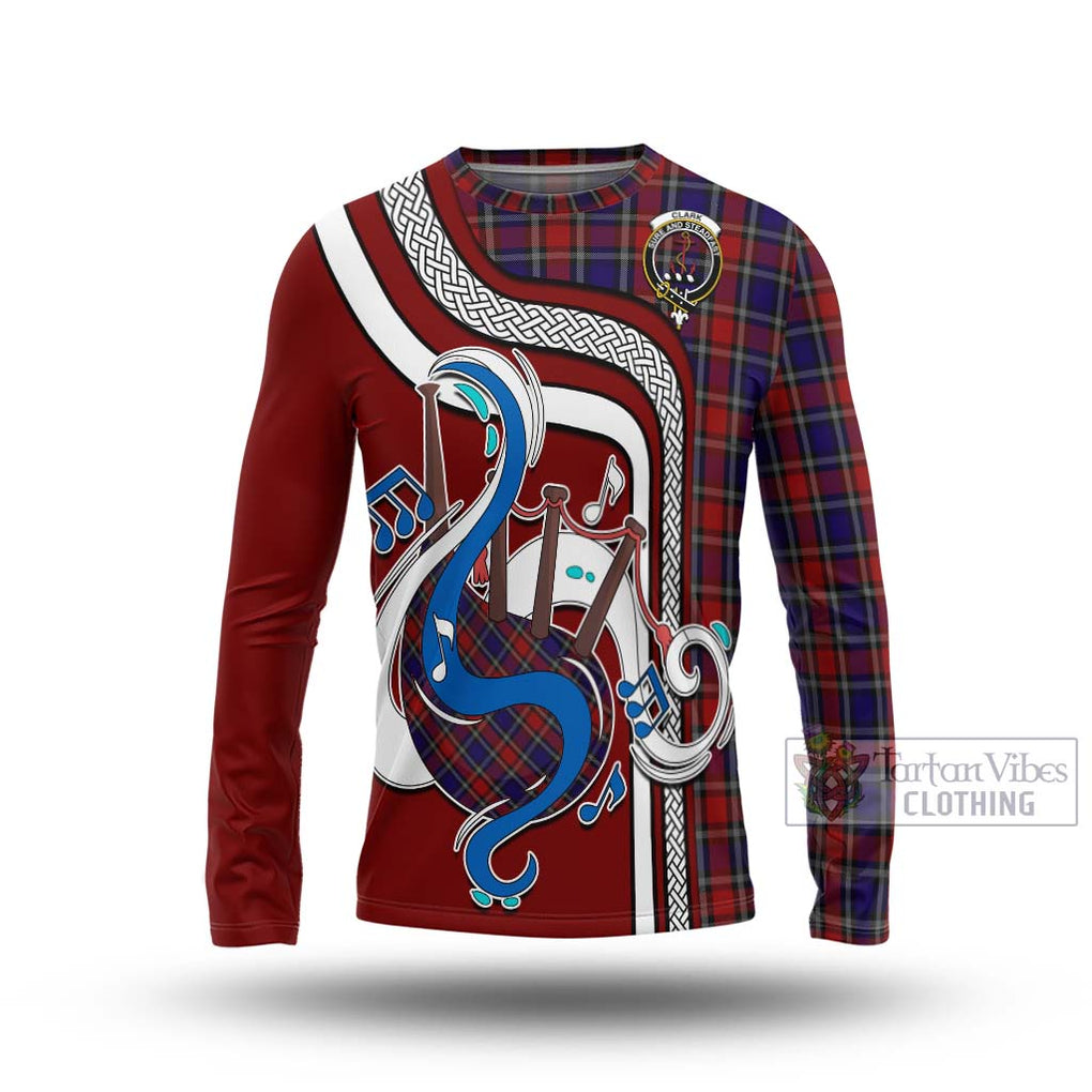 Tartan Vibes Clothing Clark Red Tartan Long Sleeve T-Shirt with Epic Bagpipe Style