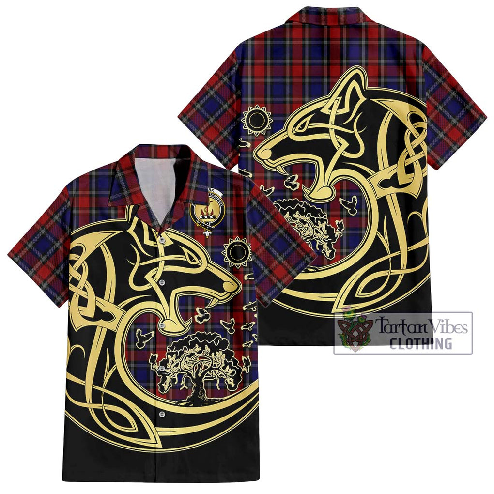 Clark Red Tartan Short Sleeve Button Shirt with Family Crest Celtic Wolf Style Kid - Tartan Vibes Clothing