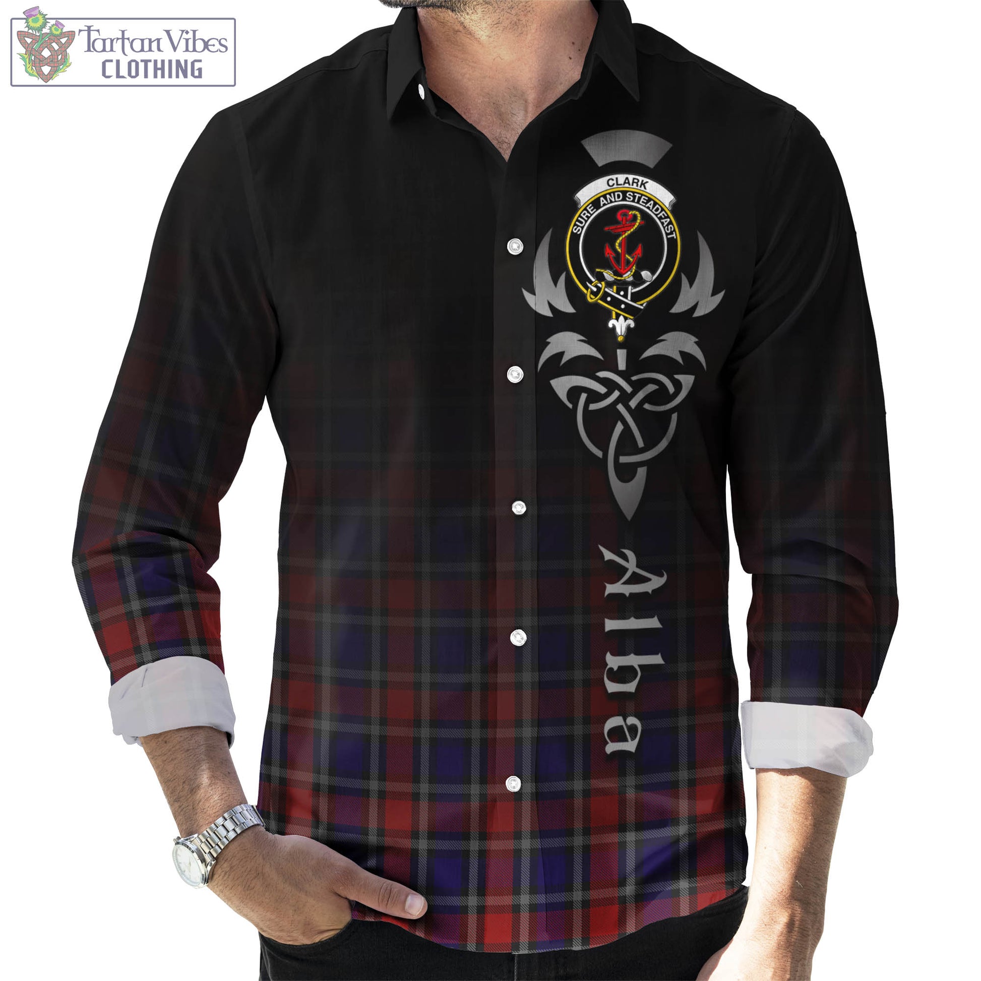 Tartan Vibes Clothing Clark Red Tartan Long Sleeve Button Up Featuring Alba Gu Brath Family Crest Celtic Inspired