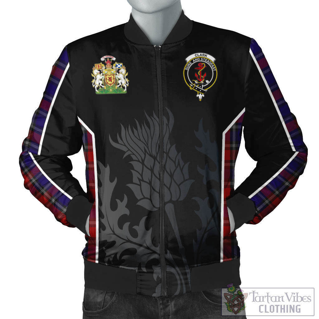 Tartan Vibes Clothing Clark Red Tartan Bomber Jacket with Family Crest and Scottish Thistle Vibes Sport Style