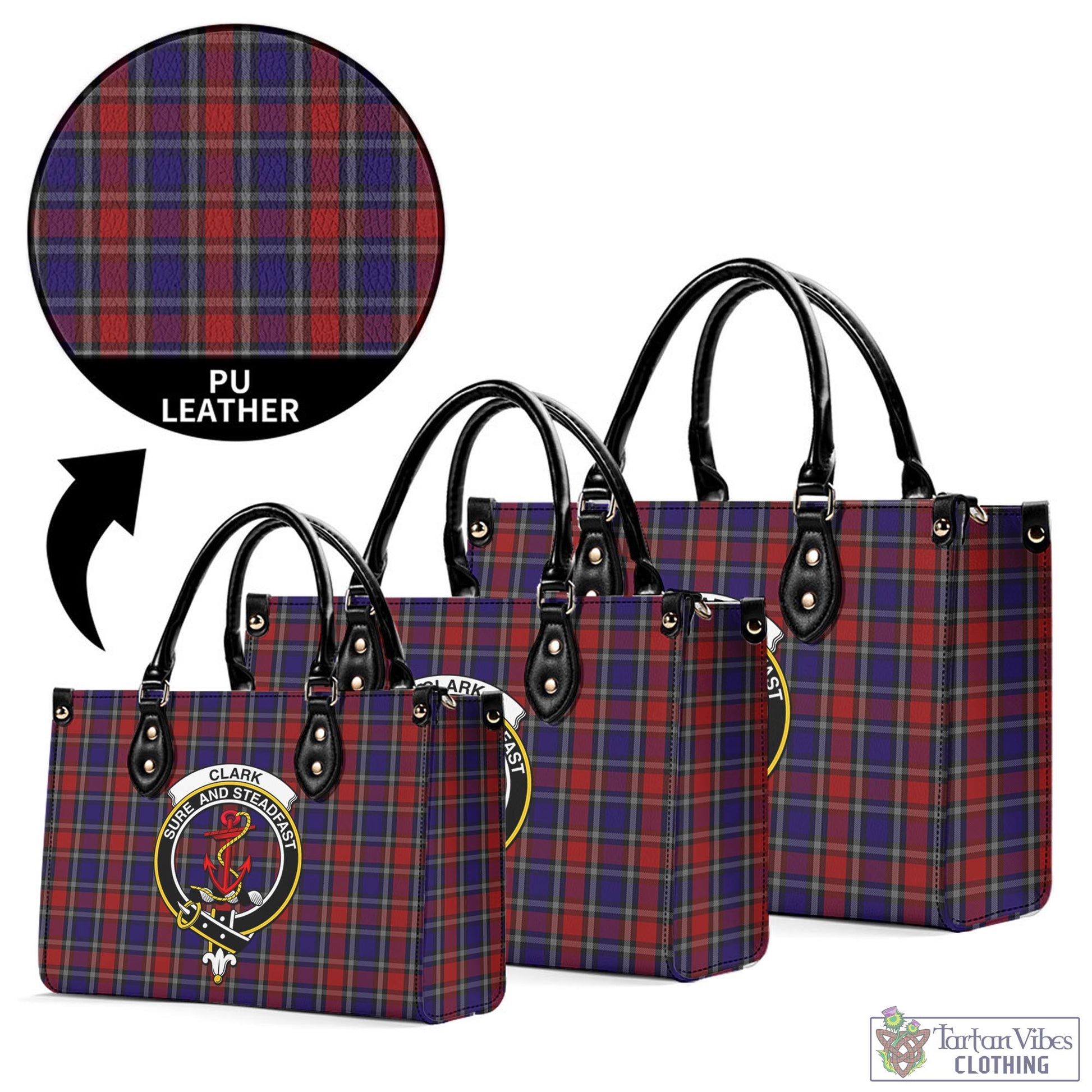 Tartan Vibes Clothing Clark Red Tartan Luxury Leather Handbags with Family Crest