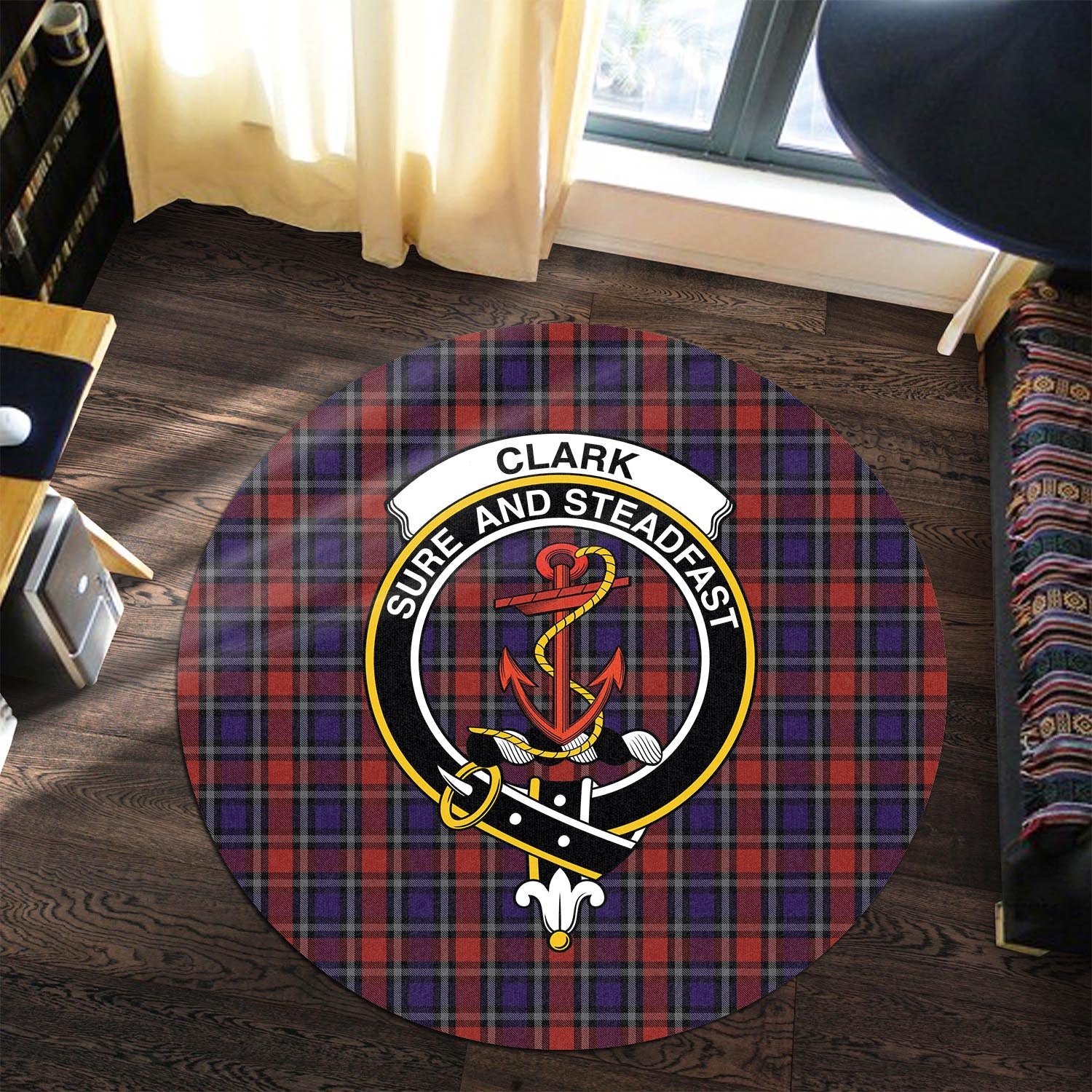 Clark Red Tartan Round Rug with Family Crest - Tartanvibesclothing