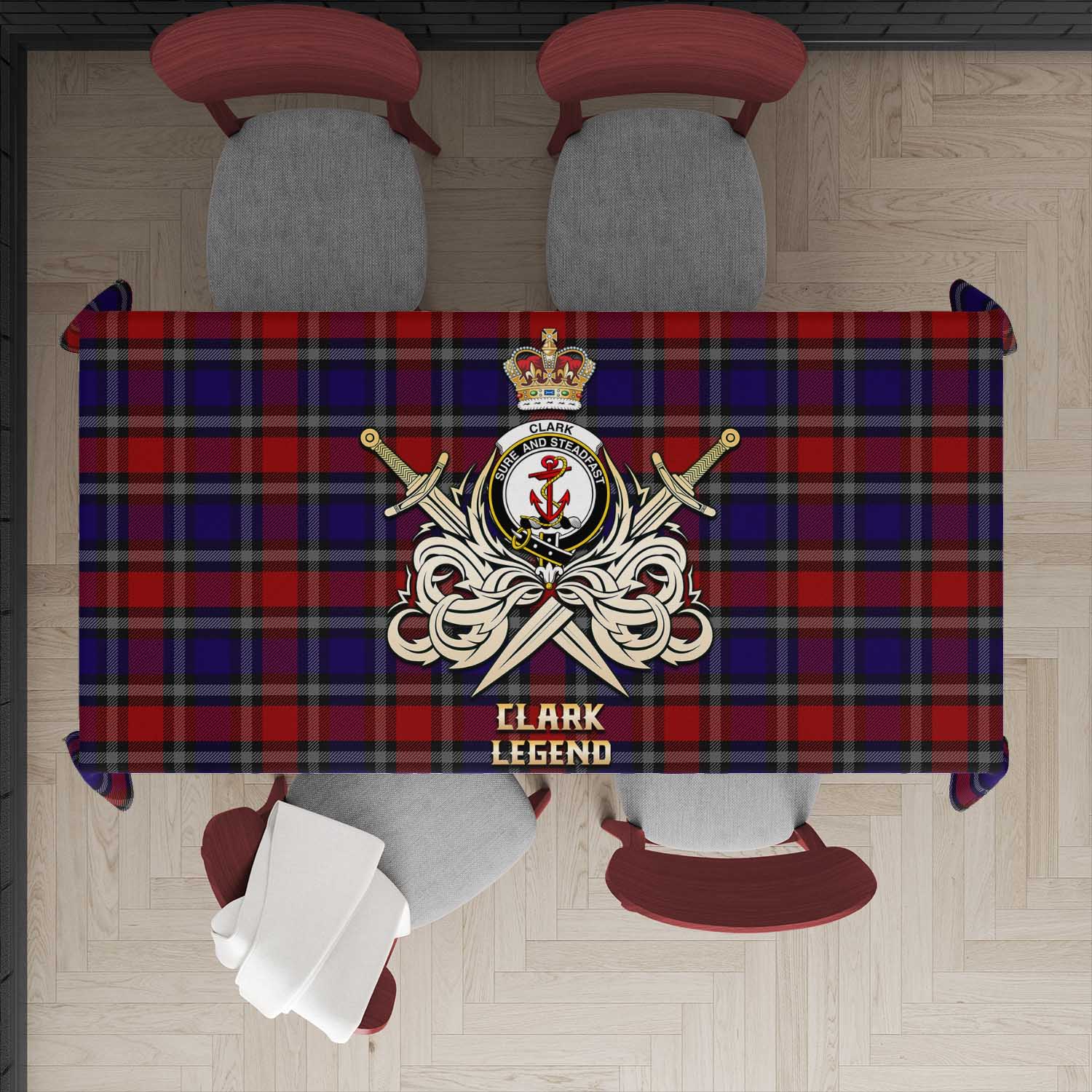 Tartan Vibes Clothing Clark Red Tartan Tablecloth with Clan Crest and the Golden Sword of Courageous Legacy