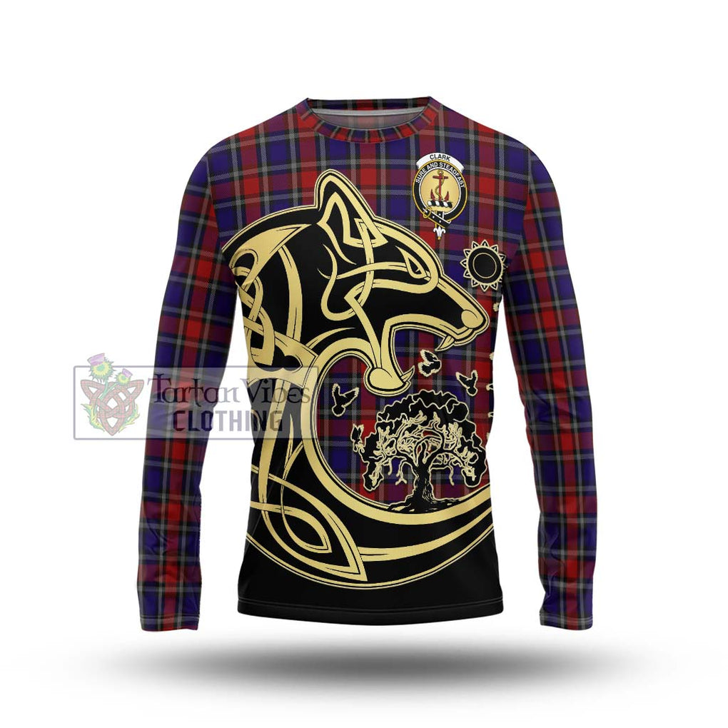 Clark Red Tartan Long Sleeve T-Shirt with Family Crest Celtic Wolf Style Unisex - Tartan Vibes Clothing