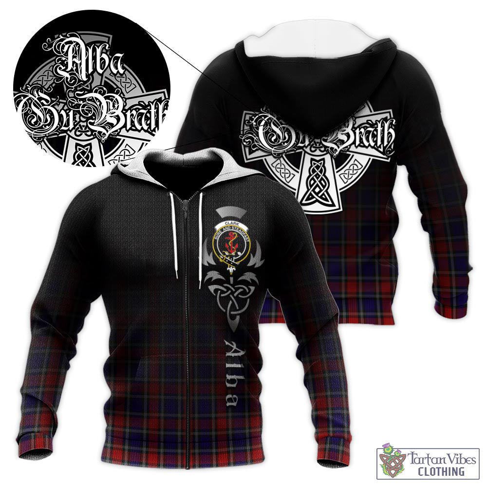 Tartan Vibes Clothing Clark Red Tartan Knitted Hoodie Featuring Alba Gu Brath Family Crest Celtic Inspired