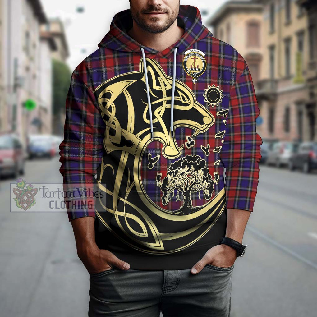 Clark Red Tartan Hoodie with Family Crest Celtic Wolf Style Zip Hoodie - Tartan Vibes Clothing