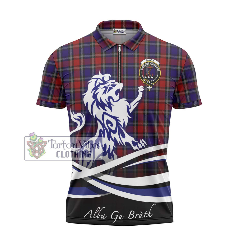 Clark Red Tartan Zipper Polo Shirt with Alba Gu Brath Regal Lion Emblem - Tartanvibesclothing Shop