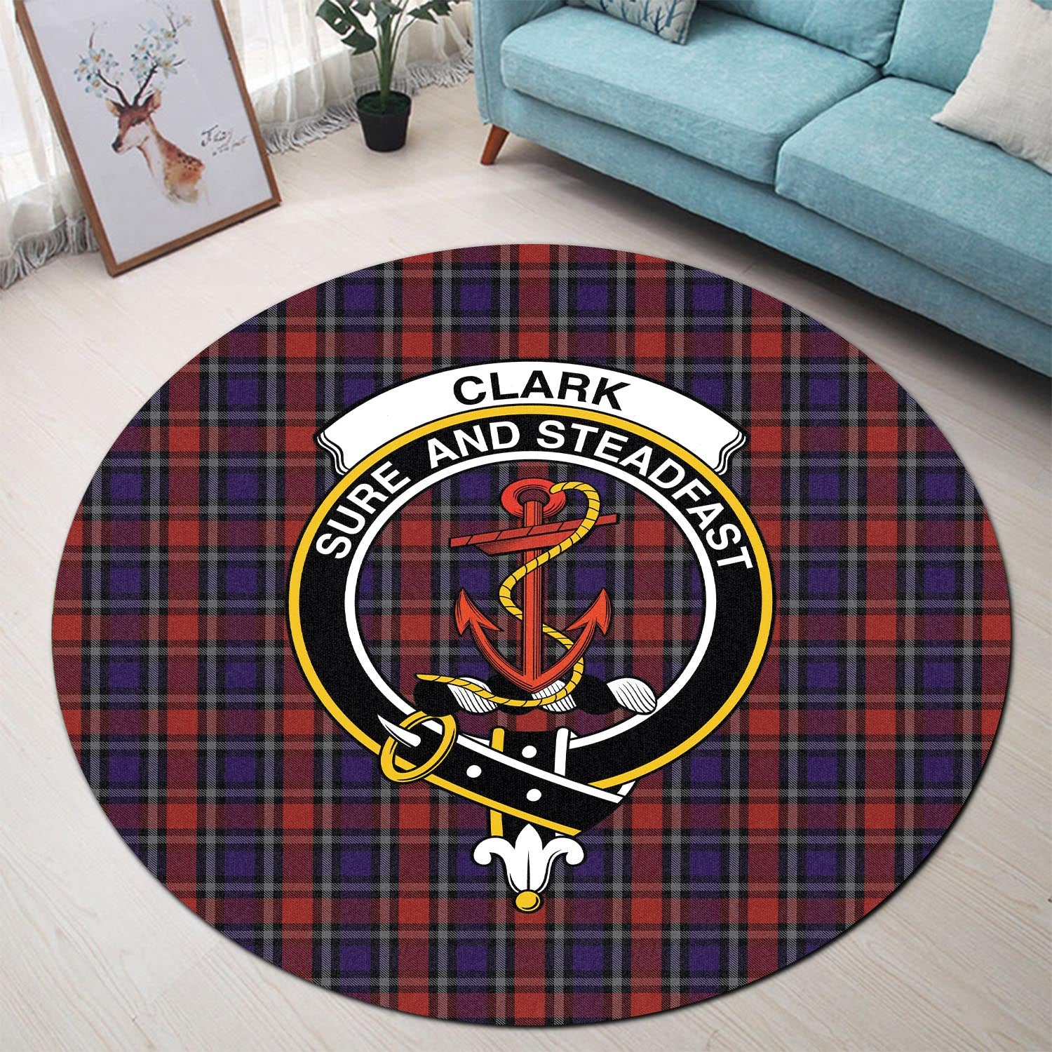 Clark Red Tartan Round Rug with Family Crest - Tartanvibesclothing