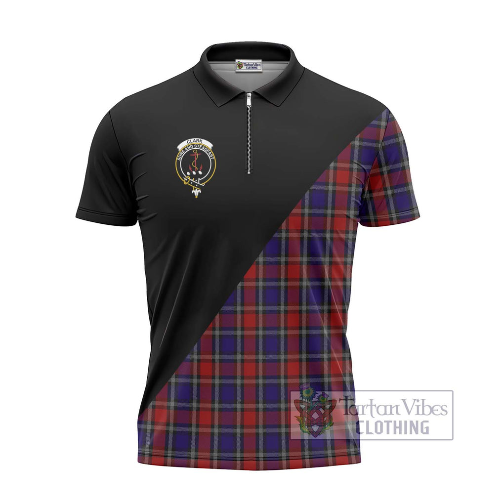 Clark Red Tartan Zipper Polo Shirt with Family Crest and Military Logo Style - Tartanvibesclothing Shop