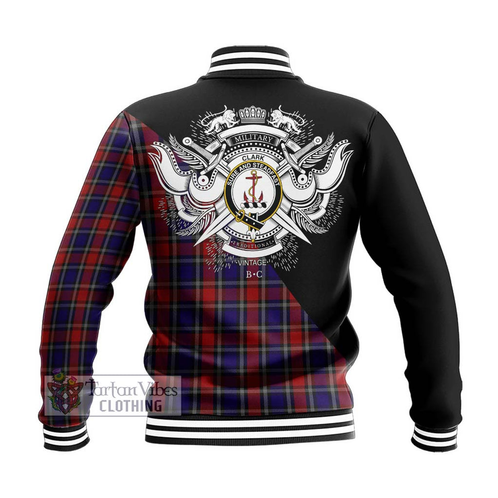 Clark Red Tartan Baseball Jacket with Family Crest and Military Logo Style - Tartanvibesclothing Shop