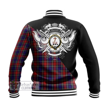 Clark Red Tartan Baseball Jacket with Family Crest and Military Logo Style