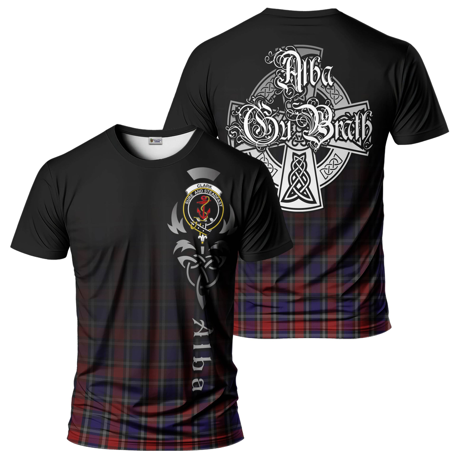 Tartan Vibes Clothing Clark Red Tartan T-Shirt Featuring Alba Gu Brath Family Crest Celtic Inspired