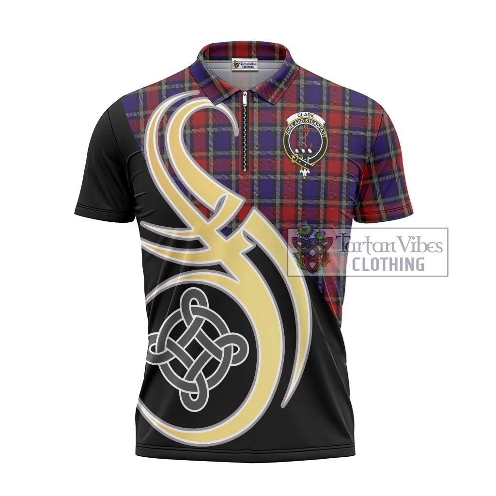 Tartan Vibes Clothing Clark Red Tartan Zipper Polo Shirt with Family Crest and Celtic Symbol Style