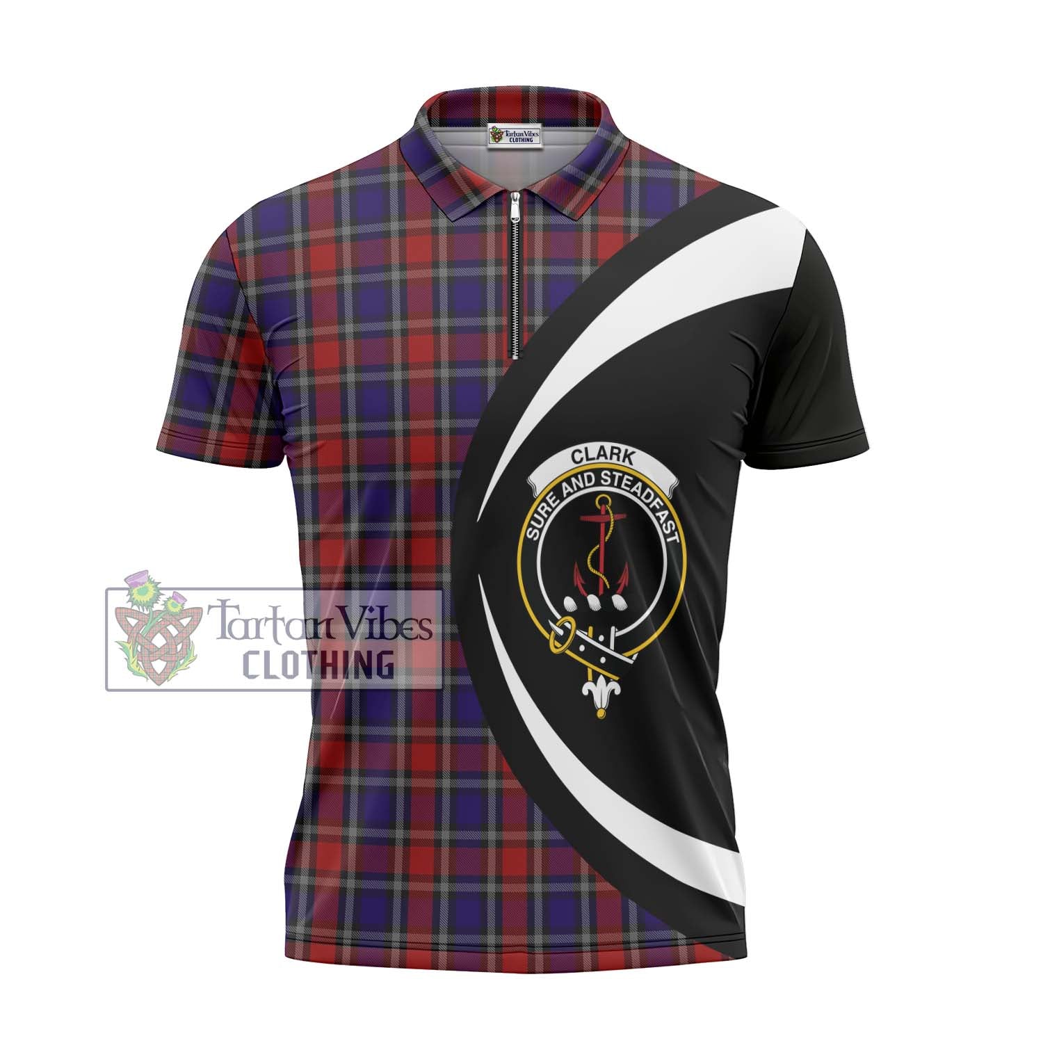 Tartan Vibes Clothing Clark Red Tartan Zipper Polo Shirt with Family Crest Circle Style