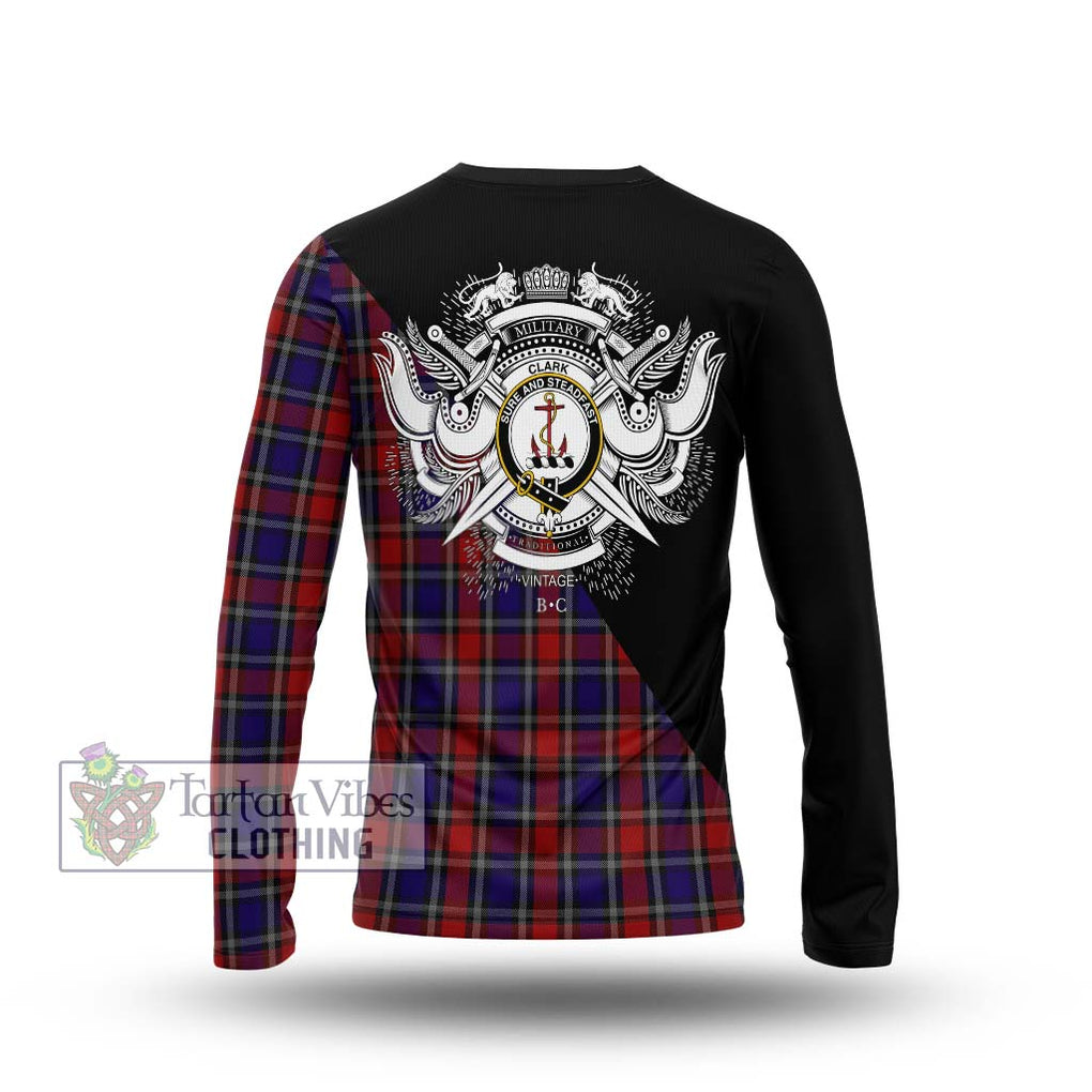 Clark Red Tartan Long Sleeve T-Shirt with Family Crest and Military Logo Style - Tartanvibesclothing Shop