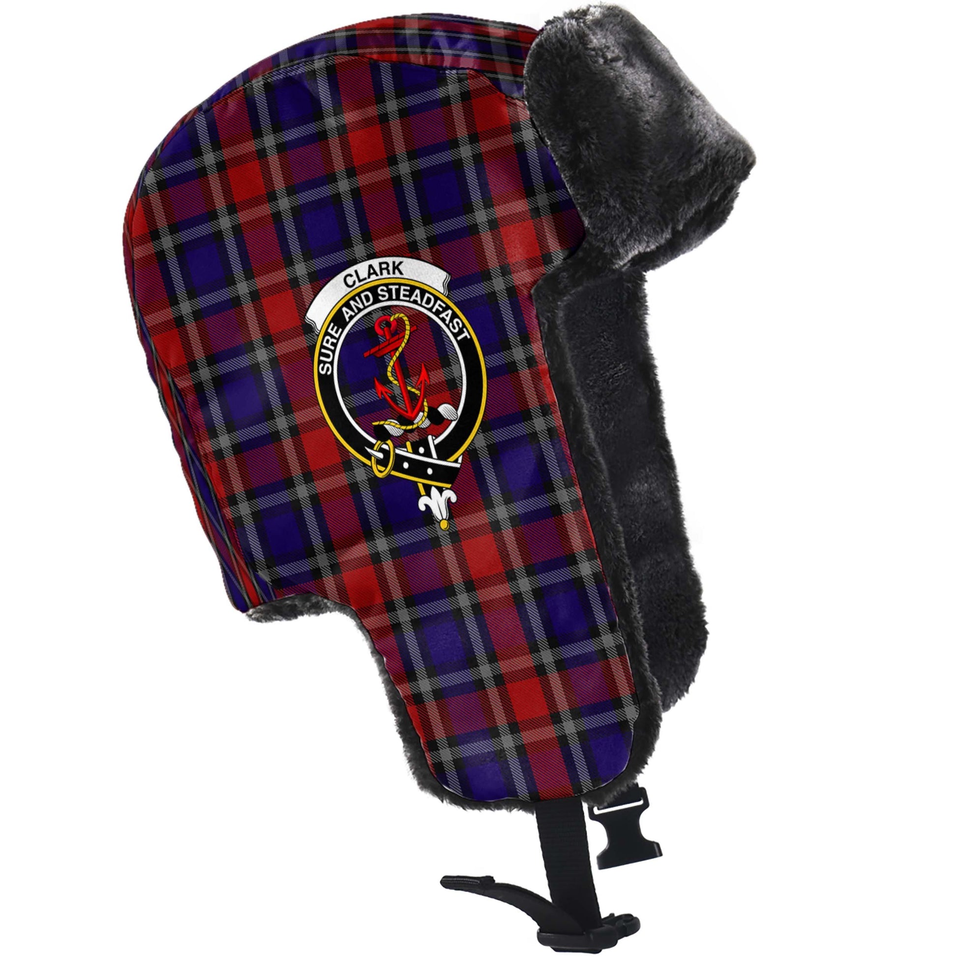 Clark Red Tartan Winter Trapper Hat with Family Crest - Tartanvibesclothing