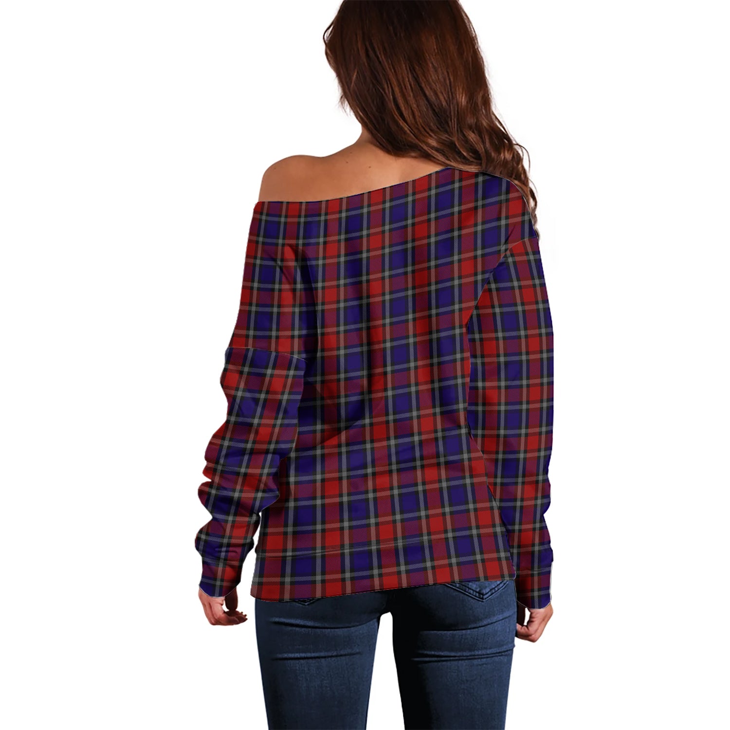 Clark Red Tartan Off Shoulder Women Sweater with Family Crest - Tartanvibesclothing