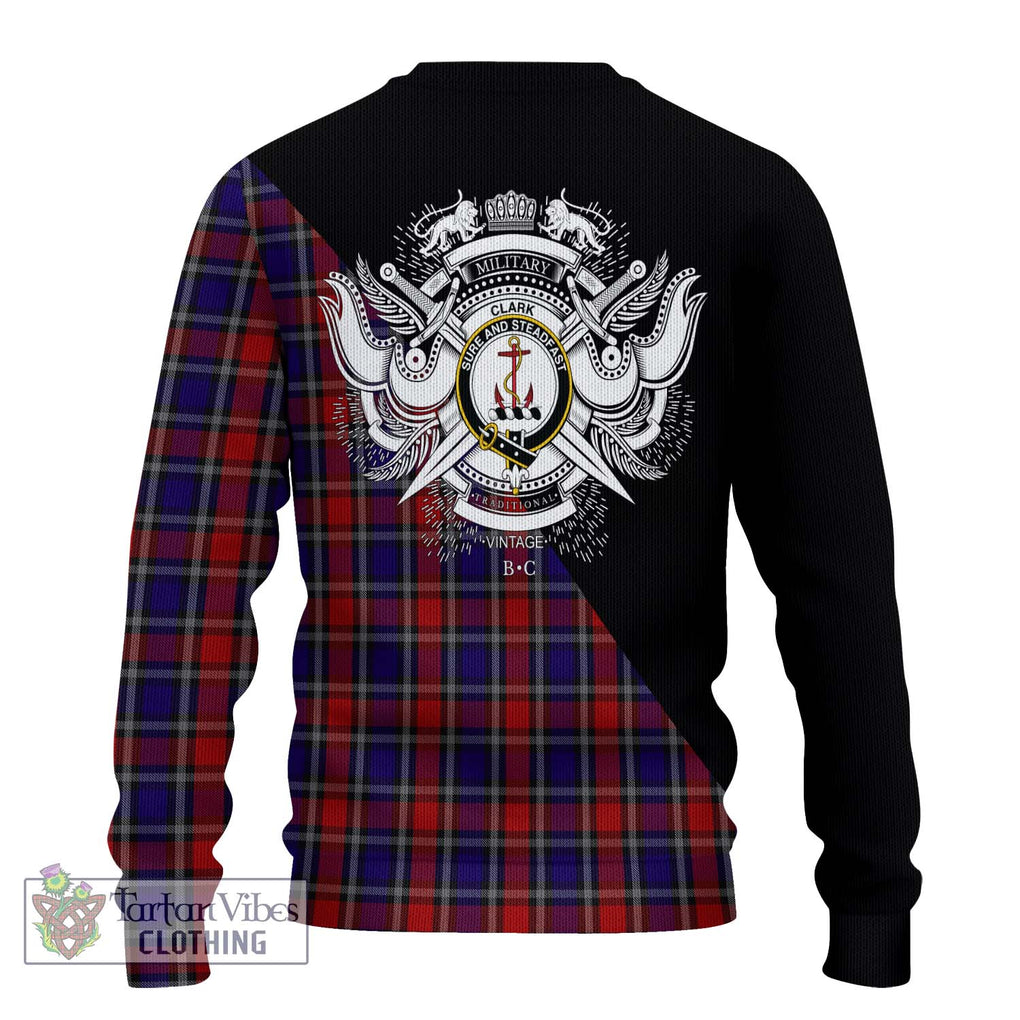 Clark Red Tartan Knitted Sweater with Family Crest and Military Logo Style - Tartanvibesclothing Shop