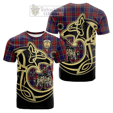 Clark Red Tartan Cotton T-shirt with Family Crest Celtic Wolf Style