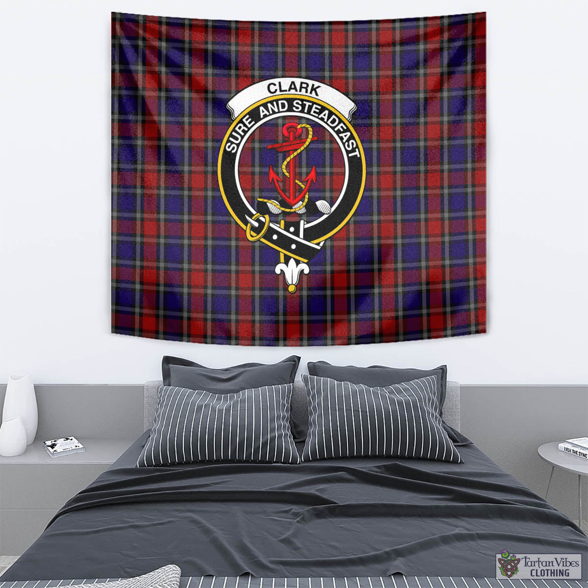 Tartan Vibes Clothing Clark Red Tartan Tapestry Wall Hanging and Home Decor for Room with Family Crest