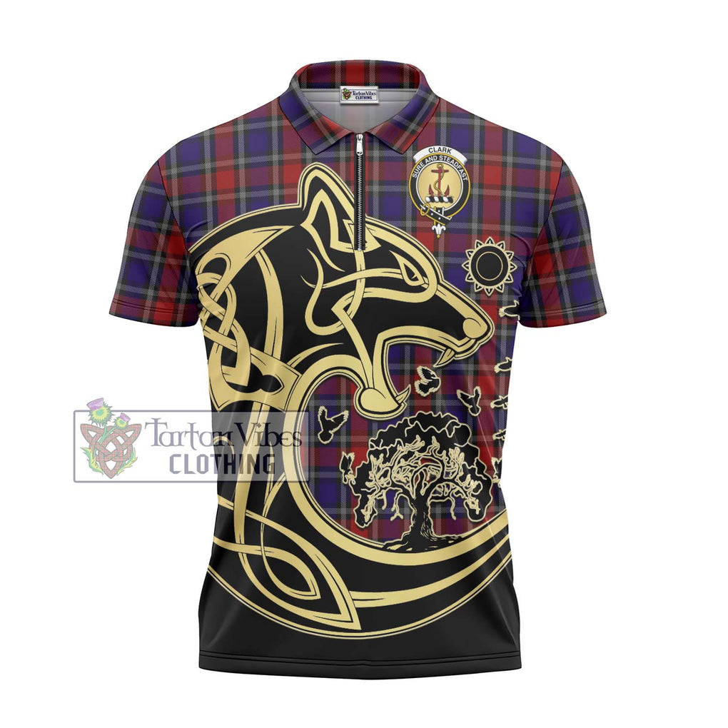 Clark Red Tartan Zipper Polo Shirt with Family Crest Celtic Wolf Style - Tartanvibesclothing Shop