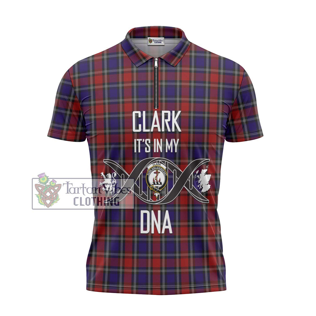 Clark Red Tartan Zipper Polo Shirt with Family Crest DNA In Me Style - Tartanvibesclothing Shop