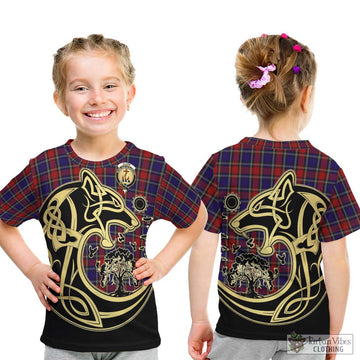 Clark Red Tartan Kid T-Shirt with Family Crest Celtic Wolf Style