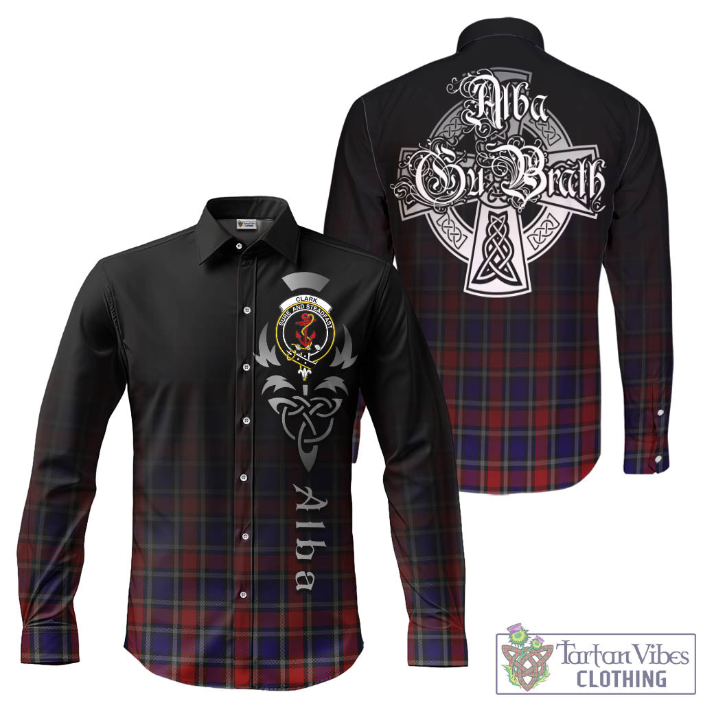 Tartan Vibes Clothing Clark Red Tartan Long Sleeve Button Up Featuring Alba Gu Brath Family Crest Celtic Inspired