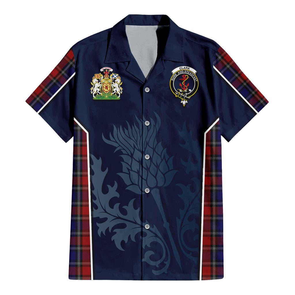 Tartan Vibes Clothing Clark Red Tartan Short Sleeve Button Up Shirt with Family Crest and Scottish Thistle Vibes Sport Style