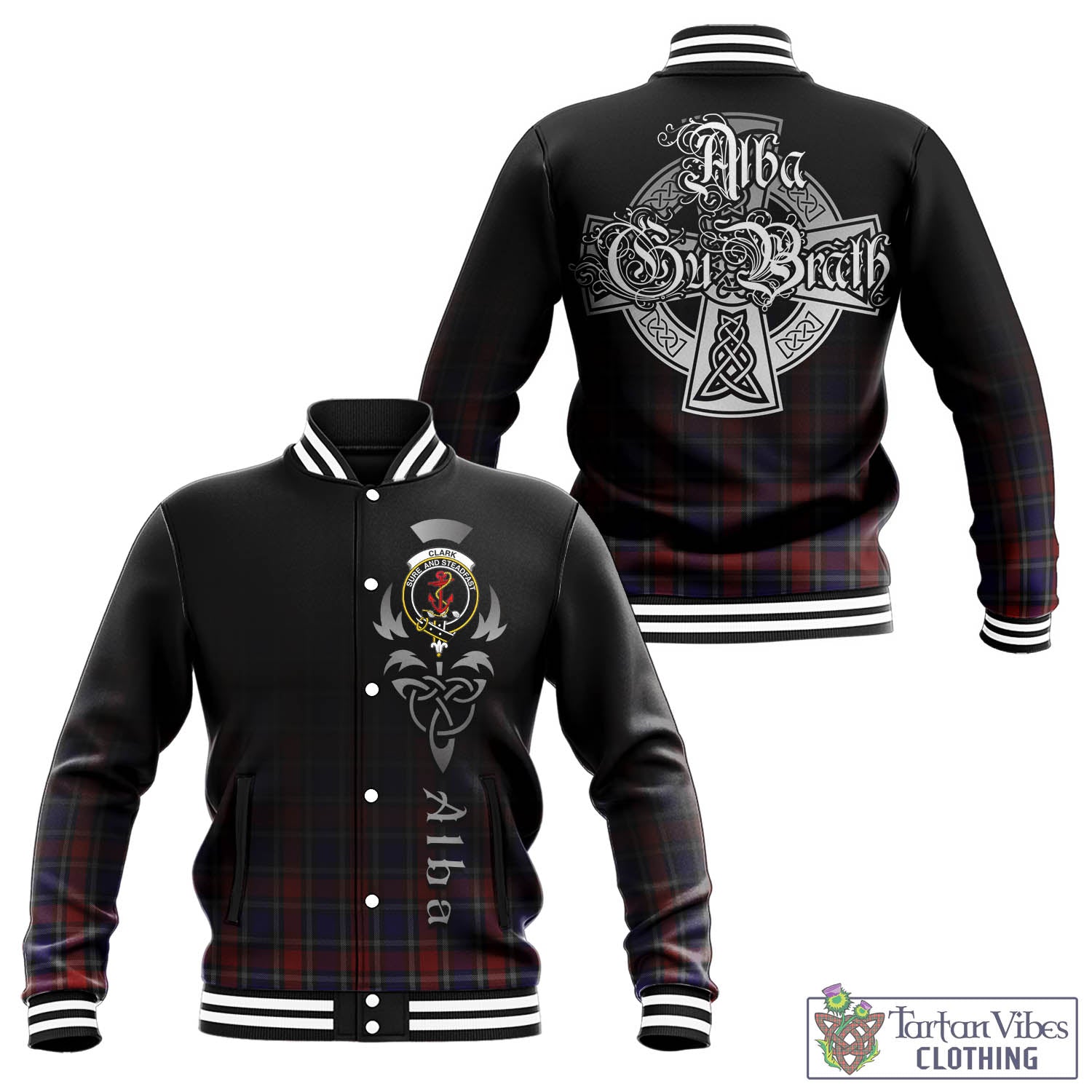 Tartan Vibes Clothing Clark Red Tartan Baseball Jacket Featuring Alba Gu Brath Family Crest Celtic Inspired