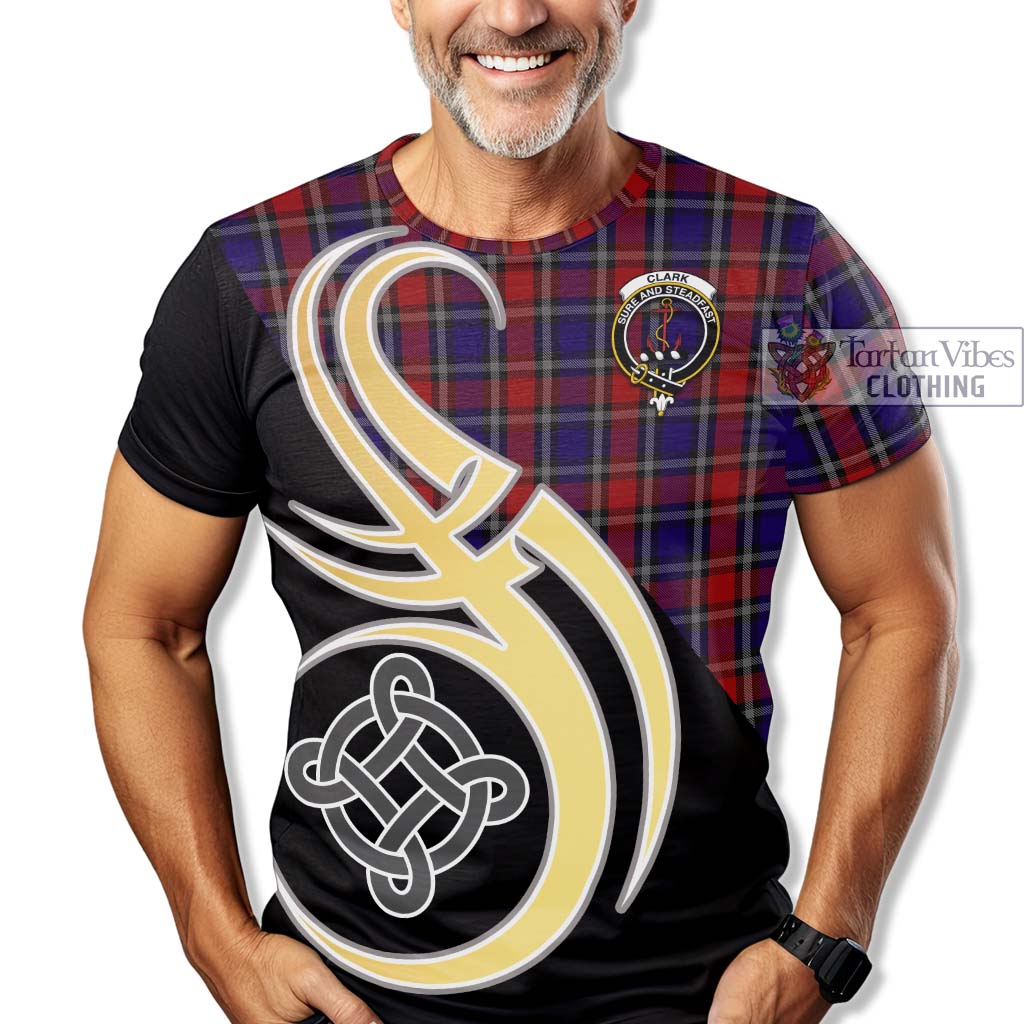 Tartan Vibes Clothing Clark Red Tartan T-Shirt with Family Crest and Celtic Symbol Style