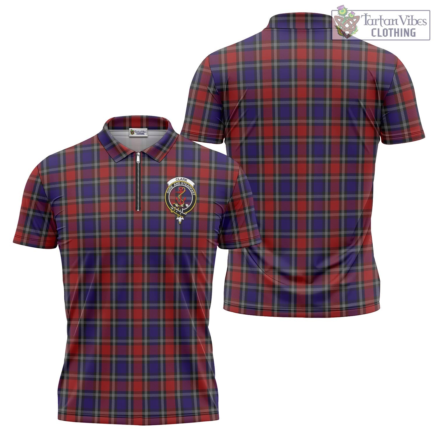 Tartan Vibes Clothing Clark Red Tartan Zipper Polo Shirt with Family Crest