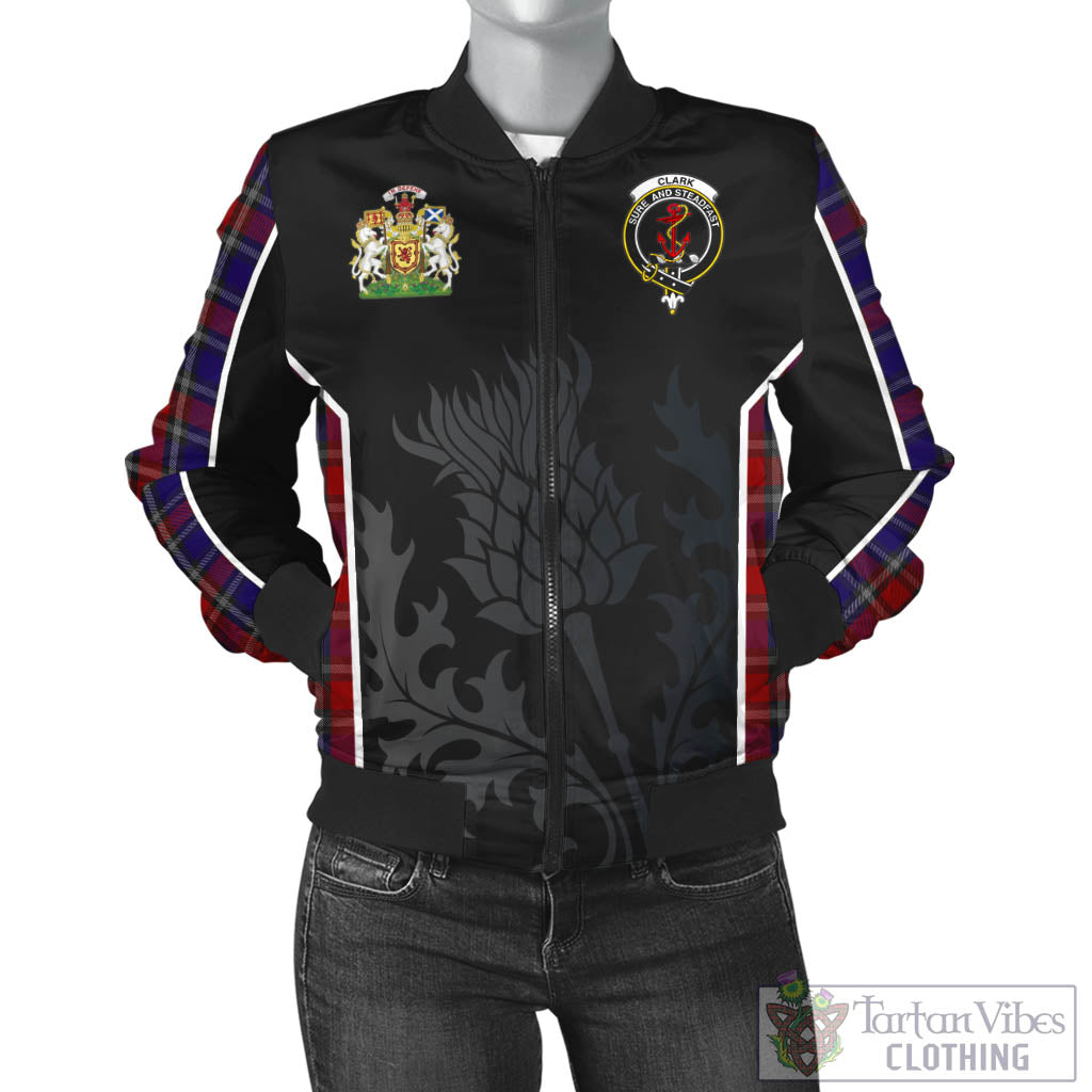 Tartan Vibes Clothing Clark Red Tartan Bomber Jacket with Family Crest and Scottish Thistle Vibes Sport Style