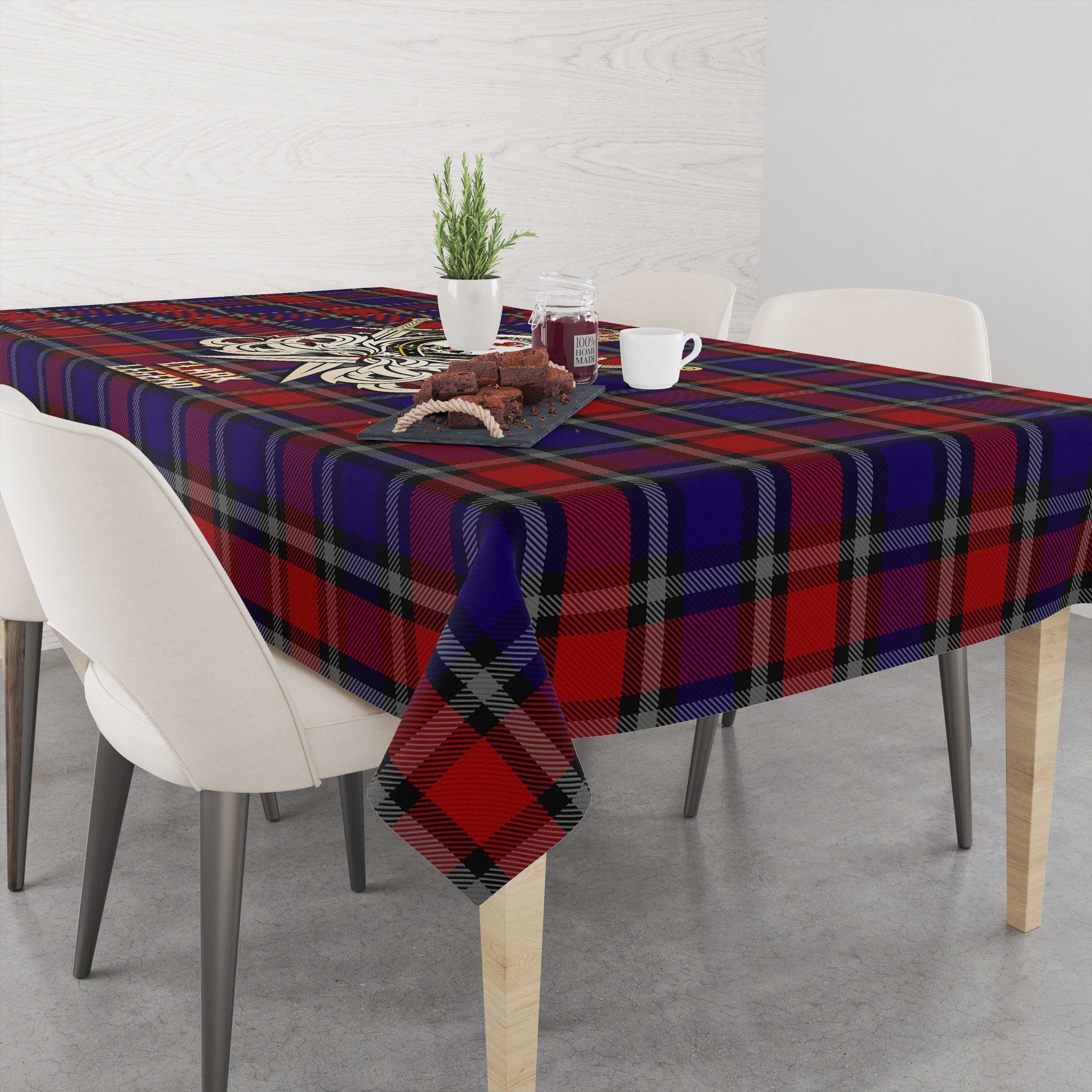 Tartan Vibes Clothing Clark Red Tartan Tablecloth with Clan Crest and the Golden Sword of Courageous Legacy