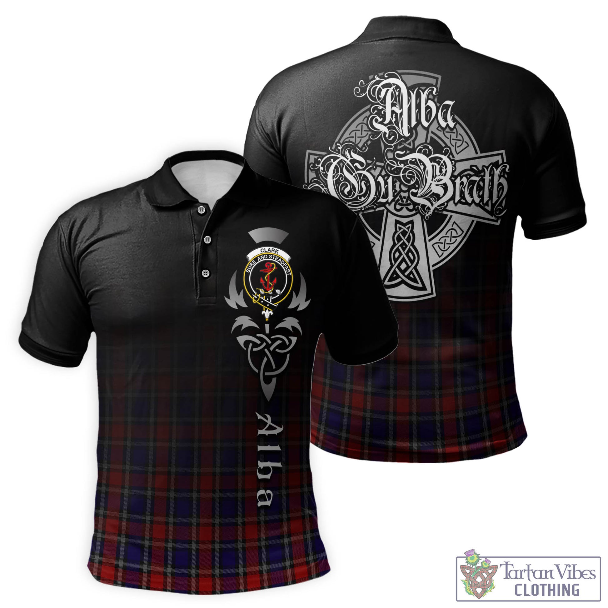 Tartan Vibes Clothing Clark Red Tartan Polo Shirt Featuring Alba Gu Brath Family Crest Celtic Inspired