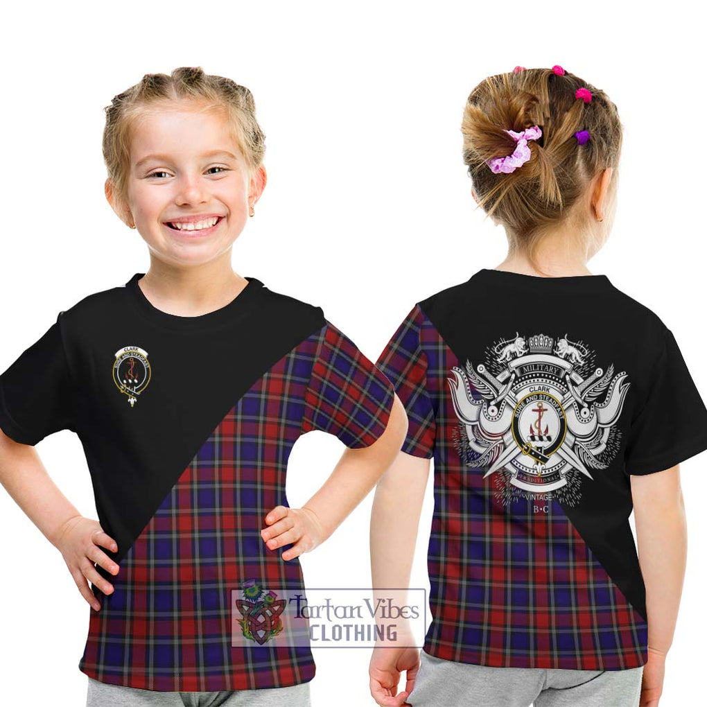 Clark Red Tartan Kid T-Shirt with Family Crest and Military Logo Style - Tartanvibesclothing Shop