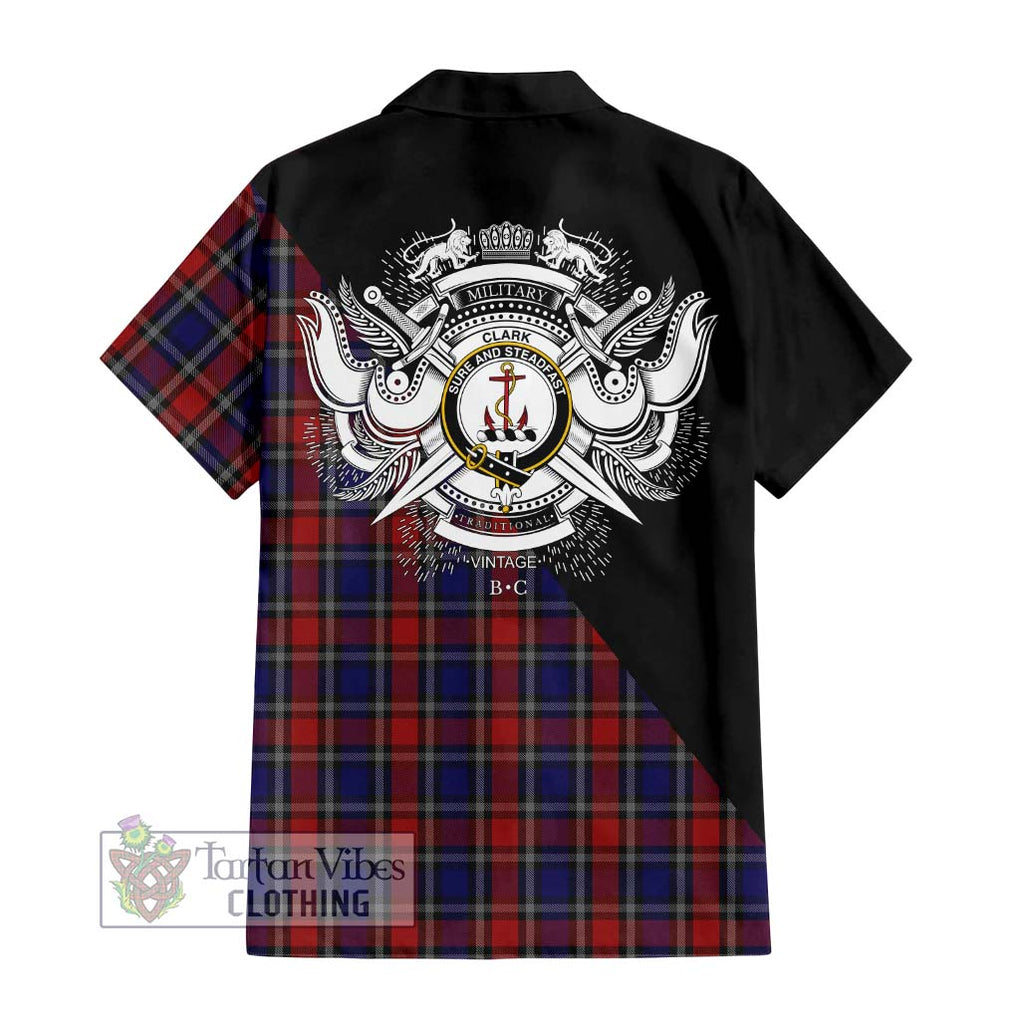 Clark Red Tartan Short Sleeve Button Shirt with Family Crest and Military Logo Style - Tartanvibesclothing Shop