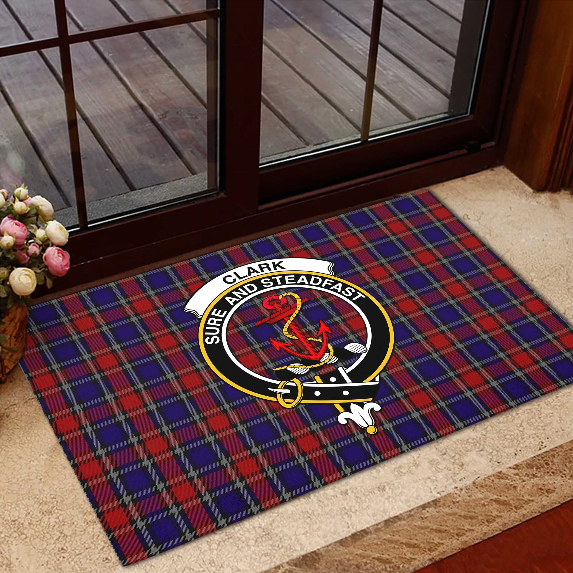 Clark Red Tartan Door Mat with Family Crest - Tartanvibesclothing