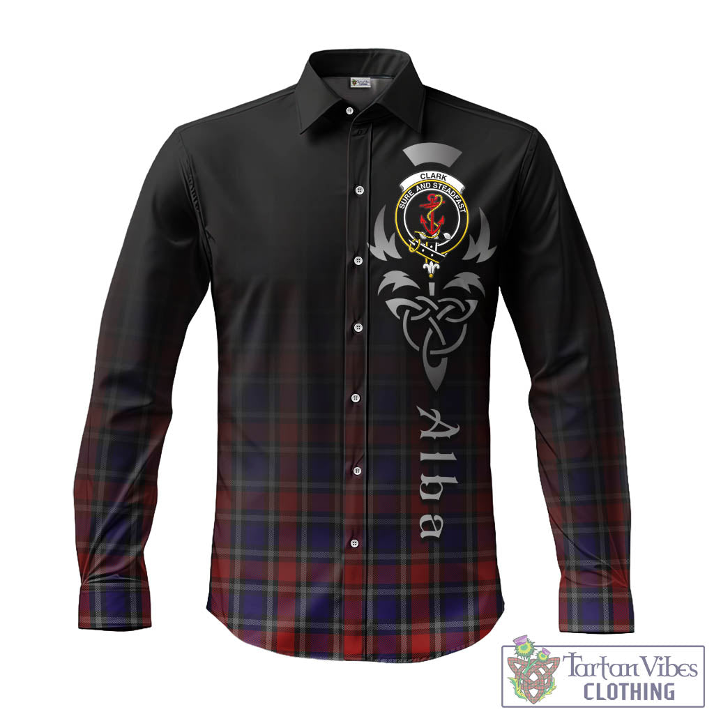 Tartan Vibes Clothing Clark Red Tartan Long Sleeve Button Up Featuring Alba Gu Brath Family Crest Celtic Inspired