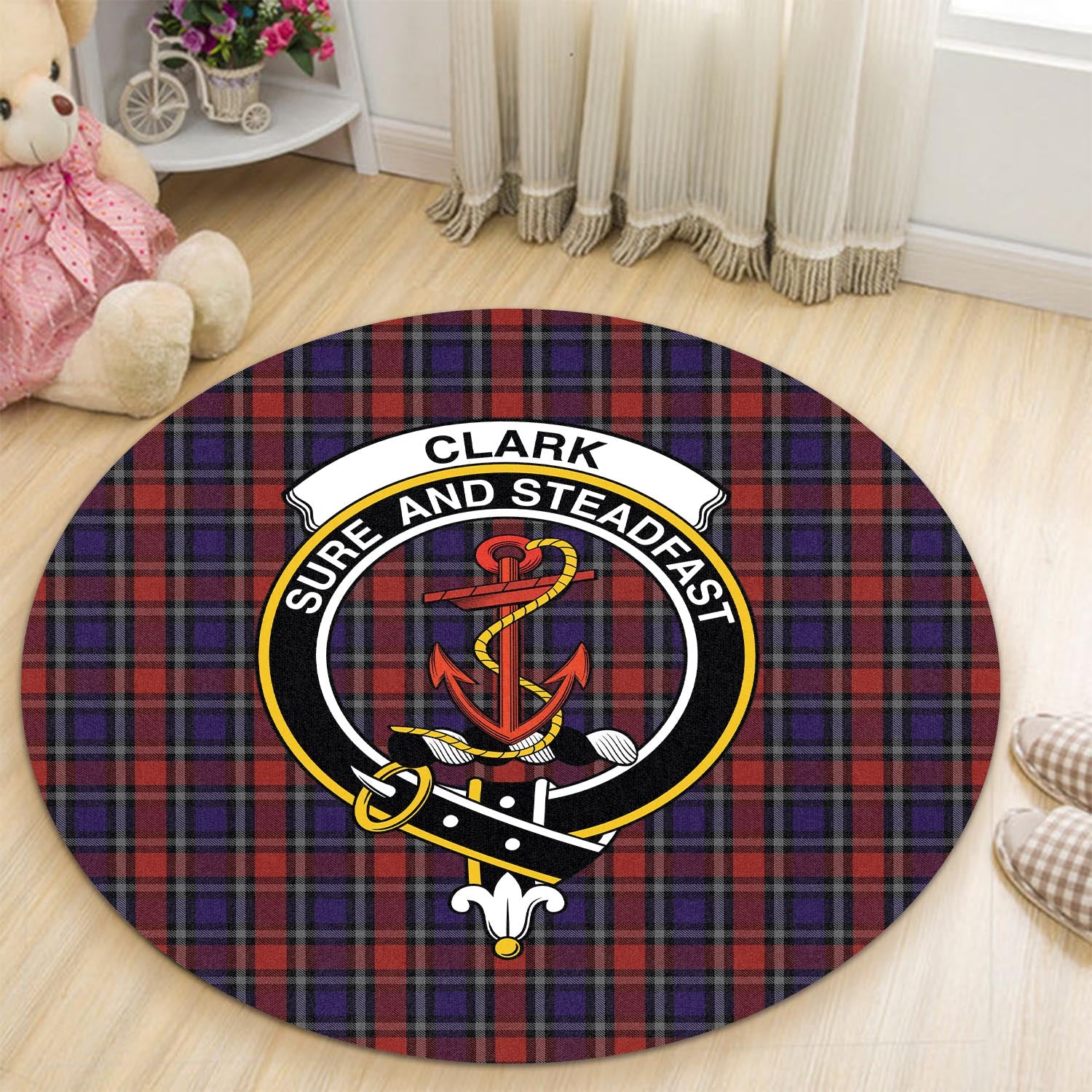 Clark Red Tartan Round Rug with Family Crest - Tartanvibesclothing