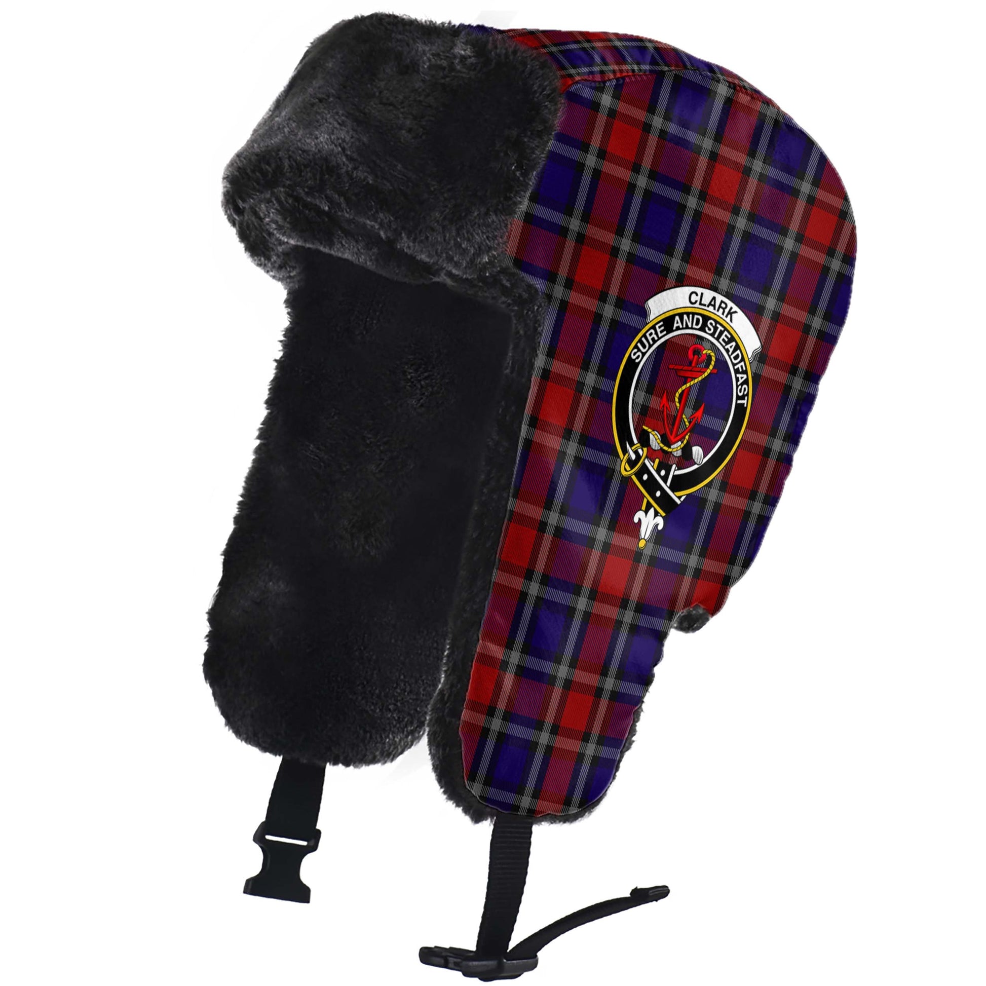 Clark Red Tartan Winter Trapper Hat with Family Crest - Tartanvibesclothing