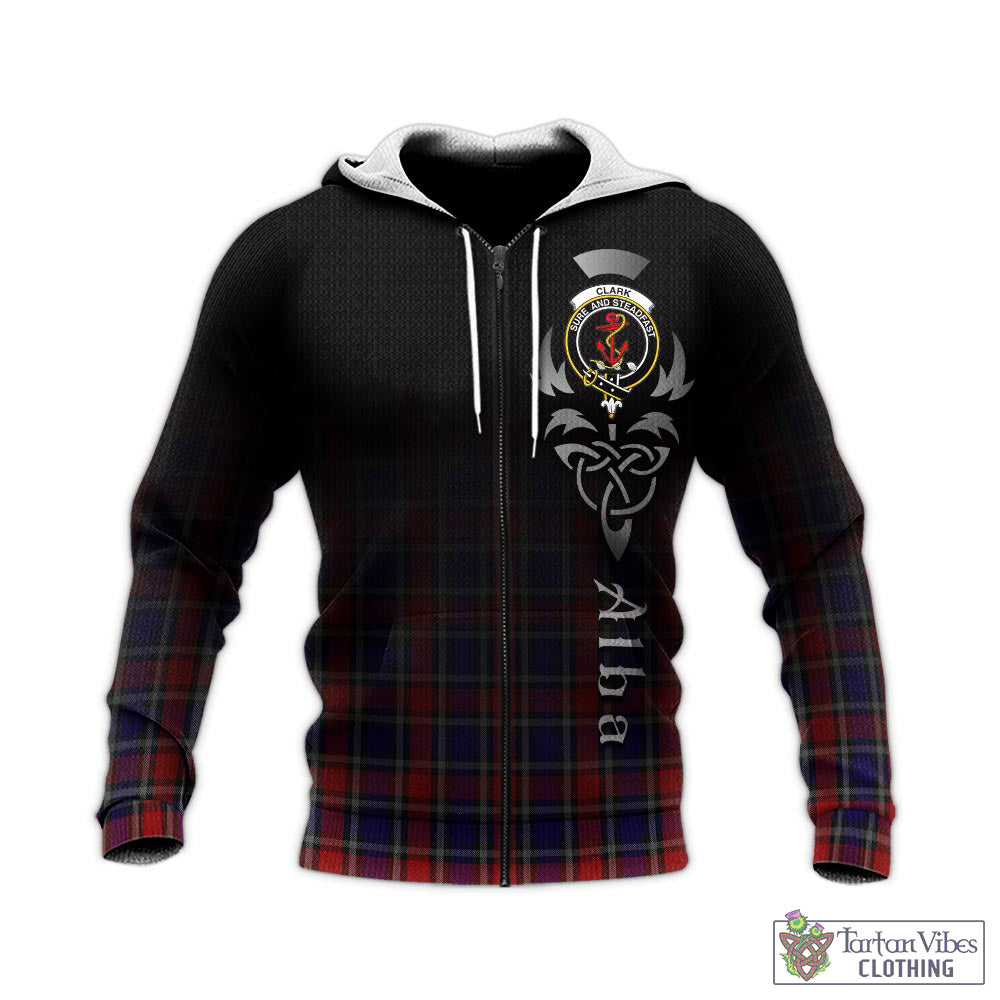 Tartan Vibes Clothing Clark Red Tartan Knitted Hoodie Featuring Alba Gu Brath Family Crest Celtic Inspired