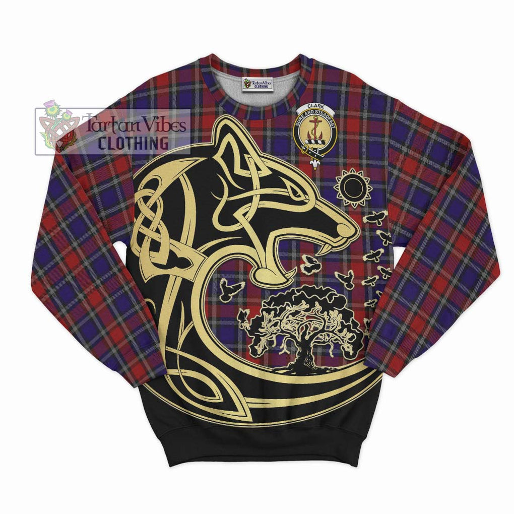 Clark Red Tartan Sweatshirt with Family Crest Celtic Wolf Style - Tartan Vibes Clothing