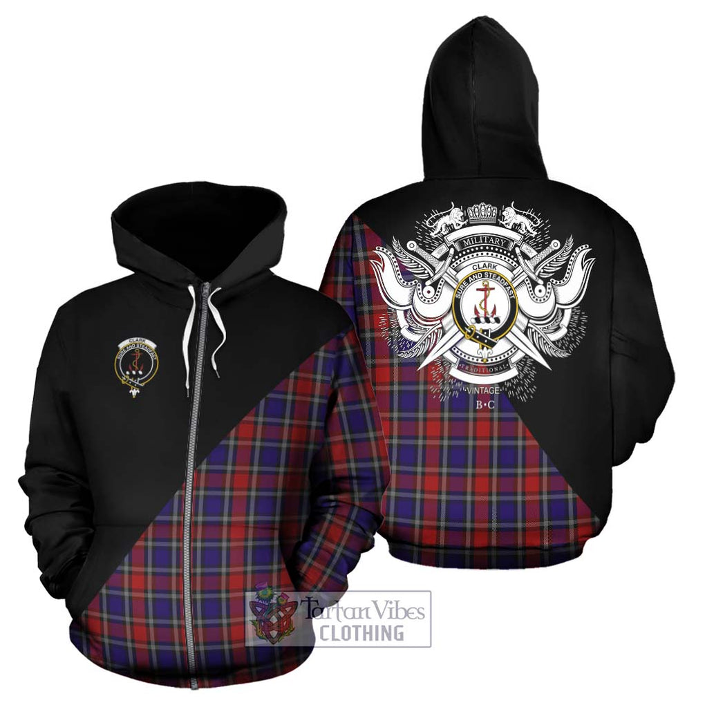 Clark Red Tartan Hoodie with Family Crest and Military Logo Style - Tartanvibesclothing Shop