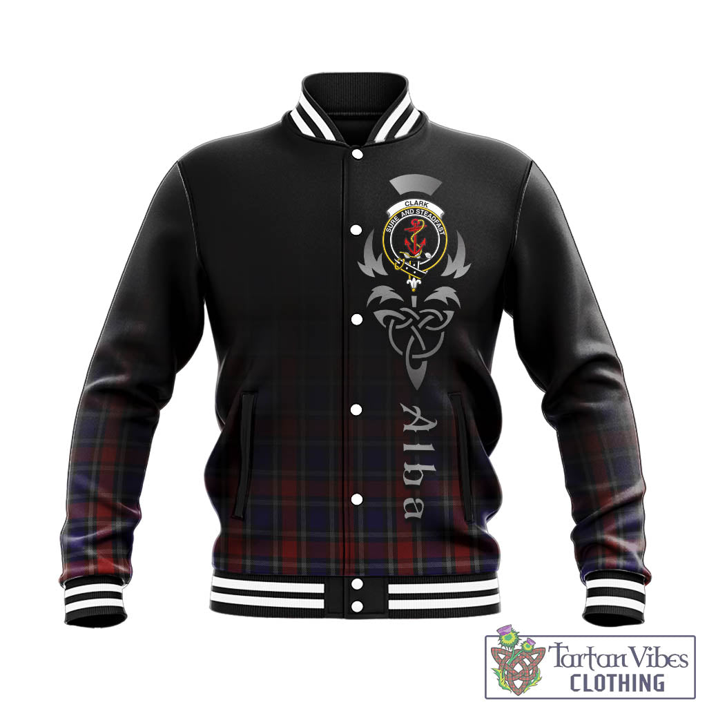 Tartan Vibes Clothing Clark Red Tartan Baseball Jacket Featuring Alba Gu Brath Family Crest Celtic Inspired