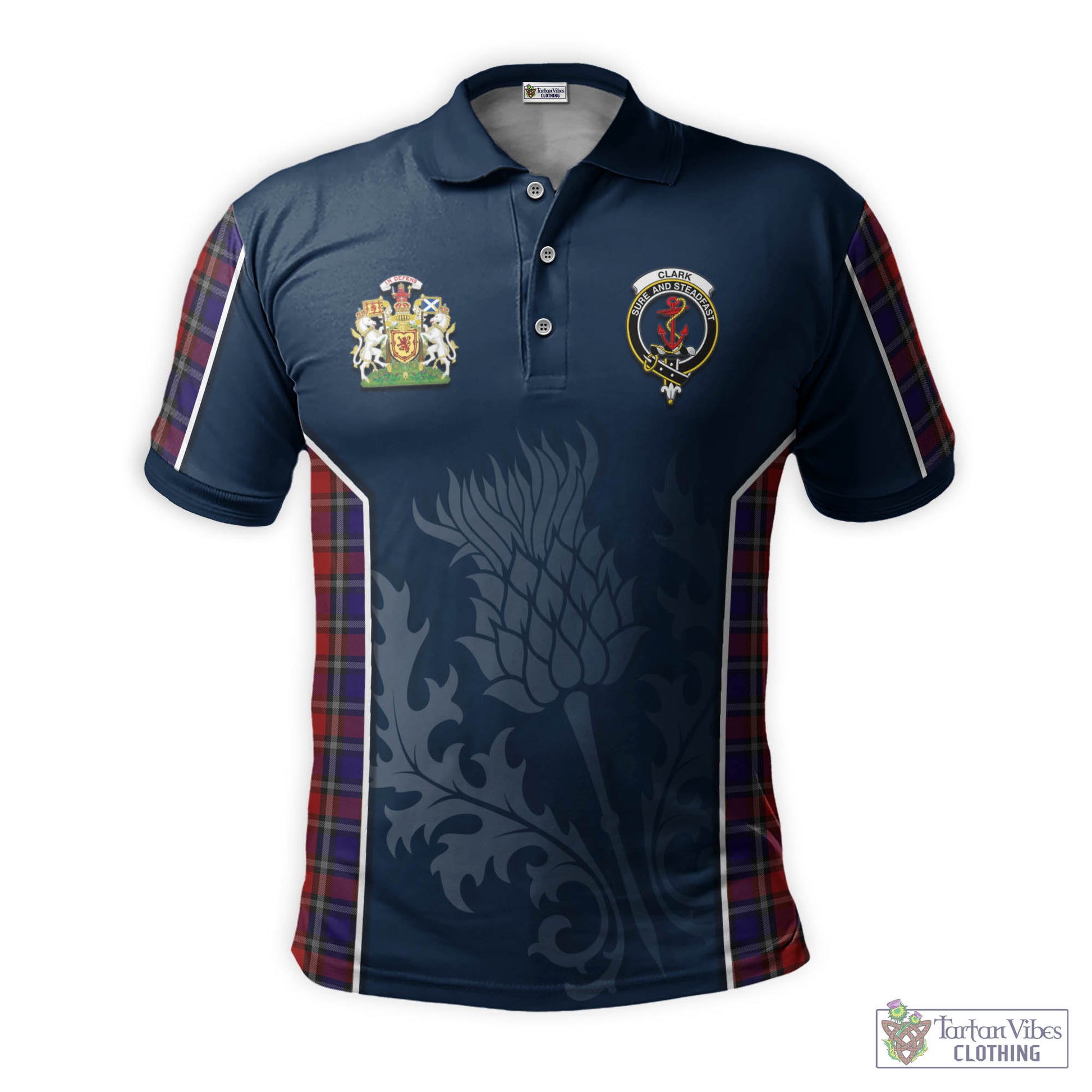 Tartan Vibes Clothing Clark Red Tartan Men's Polo Shirt with Family Crest and Scottish Thistle Vibes Sport Style