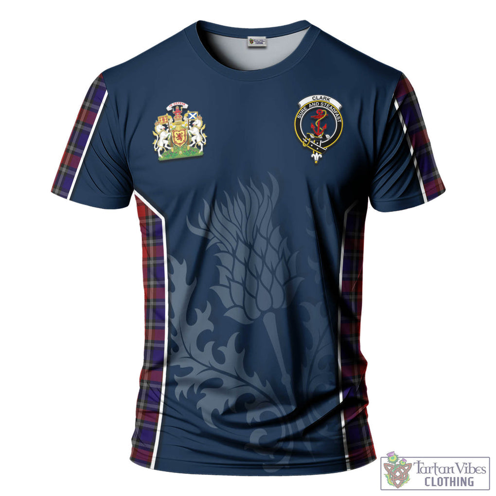 Tartan Vibes Clothing Clark Red Tartan T-Shirt with Family Crest and Scottish Thistle Vibes Sport Style