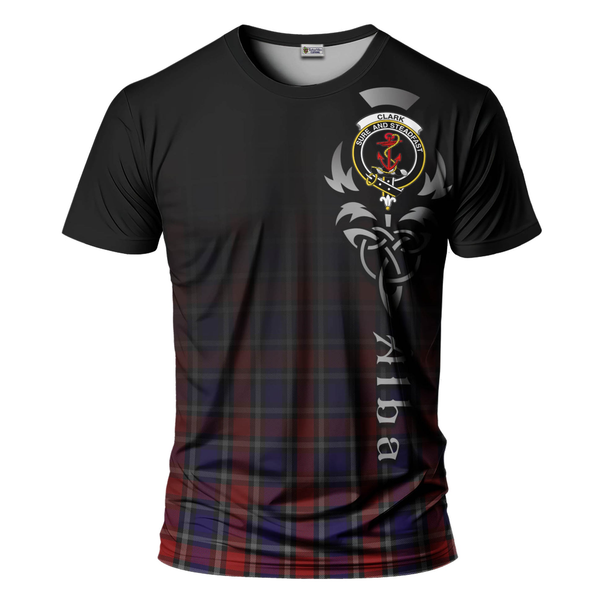 Tartan Vibes Clothing Clark Red Tartan T-Shirt Featuring Alba Gu Brath Family Crest Celtic Inspired