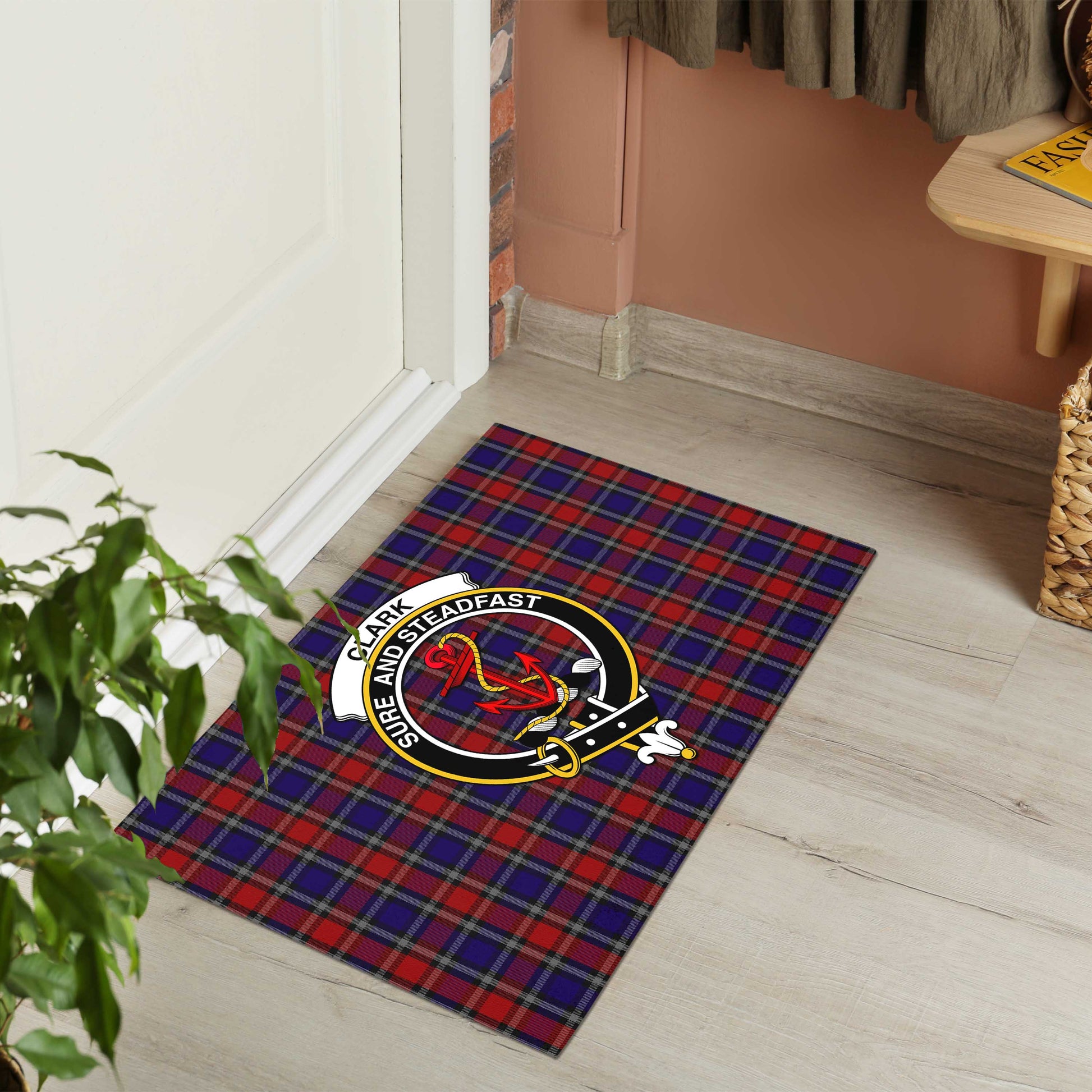 Clark Red Tartan Door Mat with Family Crest - Tartanvibesclothing